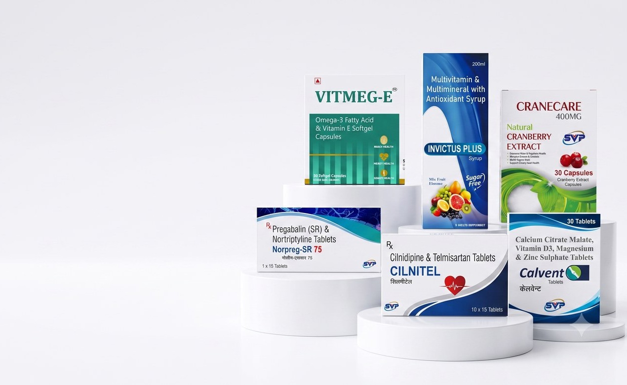 Swastika Ventures Pharmaceuticals product range: VITMEG-E, CILNITEL, CRANECARE, CALVENT, INVICTUS PLUS and NORPREG-SR 75
